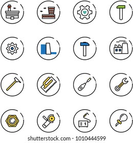 line vector icon set - airport building vector, heart gear, work, water power plant, hammer, mason, trowel, chisel, wrench, nut, Angular grinder, welding, oiler