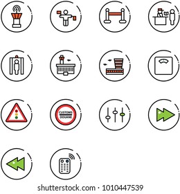line vector icon set - airport tower vector, traffic controller, vip zone, passport control, metal detector gate, building, floor scales, light road sign, customs, settings, fast forward, backward