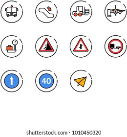 line vector icon set - airport bus vector, escalator down, fork loader, boarding passengers, baggage scales, landslide road sign, intersection, no trailer, only forward, minimal speed limit
