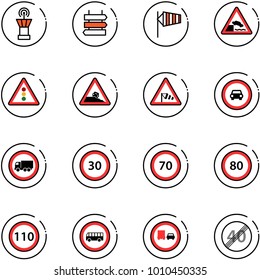 line vector icon set - airport tower vector, sign post, side wind, embankment road, traffic light, steep roadside, no car, truck, speed limit 30, 70, 80, 110, bus, overtake, end