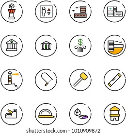 line vector icon set - airport tower vector, elevator, building, hospital, bank, hotel, lighthouse, fretsaw, rubber hammer, level, stapler, construction helmet, constructor blocks, toy block house
