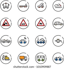 line vector icon set - airport bus vector, baggage truck, trap, snowmobile, embankment road sign, car crash, for moto, limousine, cabrio, wireless, moon rover, jack, excavator toy