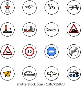 line vector icon set - airport tower vector, departure, arrival, bus, travolator, fork loader, small plane, climb road sign, side wind, speed limit 30, end overtake, paper fly, limousine, moon rover