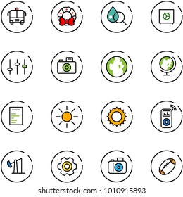 line vector icon set - airport bus vector, christmas wreath, blood test, safe, settings, camera, globe, document, sun, music player, oil derrick, gear, football
