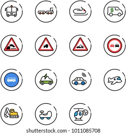 line vector icon set - airport bus vector, baggage truck, snowmobile, encashment car, embankment road sign, tractor way, crash, no overtake, electric, wireless, plane toy, excavator, baby