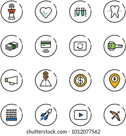 line vector icon set - airport tower vector, heart pulse, vial, tooth, dollar, tap pay, card exchange, key, loudspeaker, atm map pin, binary code, rocket, playback, bow