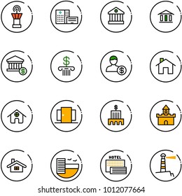 line vector icon set - airport tower vector, hospital building, bank, account, home, doors, sand fort, hotel, sea, lighthouse