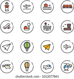 line vector icon set - airport tower vector, departure, baggage, waiting area, trap truck, scales, building, paper plane, air balloon, fly, helicopter, toy