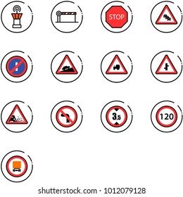 line vector icon set - airport tower vector, barrier, stop road sign, multi lane traffic, no parkin odd, climb, tractor way, intersection, gravel, left turn, limited height, speed limit 120