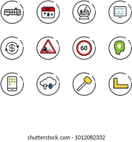 line vector icon set - airport bus vector, christmas calendar, snowball house, diagnostic monitor, dollar exchange, gravel road sign, speed limit 60, head bulb, mobile, cloud data, rubber hammer