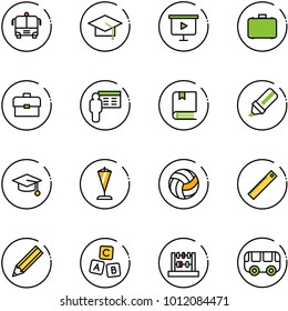 line vector icon set - airport bus vector, graduate hat, presentation board, case, portfolio, book, highlight marker, pennant, volleyball, ruler, pencil, abc cube, abacus, toy