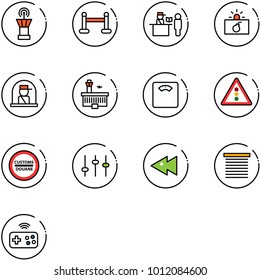 line vector icon set - airport tower vector, vip zone, passport control, terrorism, officer window, building, floor scales, traffic light road sign, customs, settings, fast backward, jalousie