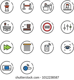 line vector icon set - airport tower vector, vip zone, passport control, officer window, building, customs road sign, settings, fast forward, jalousie, remote, eye scanner, game console