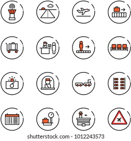 line vector icon set - airport tower vector, runway, departure, baggage, passport control, travolator, waiting area, terrorism, officer window, truck, plane seats, schedule, scales, building