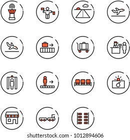 line vector icon set - airport tower vector, traffic controller, runway, departure, arrival, baggage, passport control, metal detector gate, travolator, waiting area, terrorism, duty free, truck