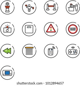 line vector icon set - airport tower vector, traffic controller, vip zone, passport control, terrorism, floor scales, light road sign, customs, fast backward, jalousie, remote, joystick wireless