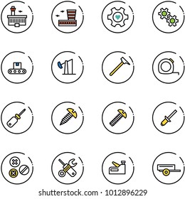 line vector icon set - airport building vector, heart gear, conveyor, oil derrick, mason hammer, measuring tape, screwdriver, screw, clinch, rivet, wrench, stapler, trailer