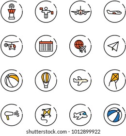 line vector icon set - airport tower vector, traffic controller, plane, small, helicopter, schedule, globe, paper fly, ball, air balloon, kite, dryer, toy, beach