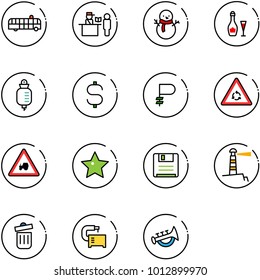 line vector icon set - airport bus vector, passport control, snowman, wine, drop counter, dollar sign, ruble, round motion road, tractor way, star, save, lighthouse, trash bin, machine tool