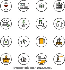 line vector icon set - airport tower vector, hospital building, bank, account, home, doors, sand fort, hotel, lighthouse
