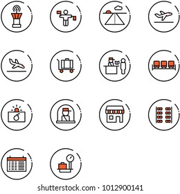 line vector icon set - airport tower vector, traffic controller, runway, departure, arrival, baggage, passport control, waiting area, terrorism, officer window, duty free, plane seats, schedule
