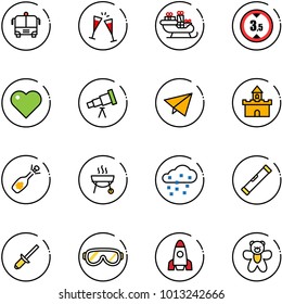 line vector icon set - airport bus vector, wine glasses, santa sleigh, limited height road sign, heart, telescope, paper fly, sand fort, fizz opening, grill, snow, level, clinch, protective, rocket