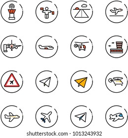 line vector icon set - airport tower vector, traffic controller, runway, departure, boarding passengers, small plane, helicopter, building, road sign, paper fly, toy