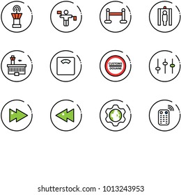 line vector icon set - airport tower vector, traffic controller, vip zone, metal detector gate, building, floor scales, customs road sign, settings, fast forward, backward, gear globe
