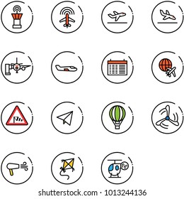 line vector icon set - airport tower vector, plane radar, departure, arrival, boarding passengers, small, schedule, globe, side wind road sign, paper fly, air balloon, mill, dryer, kite