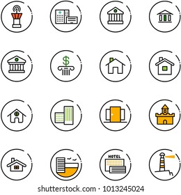 line vector icon set - airport tower vector, hospital building, bank, home, doors, sand fort, hotel, sea, lighthouse