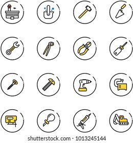 line vector icon set - airport building vector, casting of steel, sledgehammer, trowel, wrench, plumber, side cutters, screwdriver, screw, drill, machine tool, jig saw, oiler, gun sealant