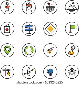 line vector icon set - airport tower vector, train, building, mountains, star postcard, road signpost sign, main, flag, map pin, globe, rocket, palm, ship bell, kayak, ufo toy