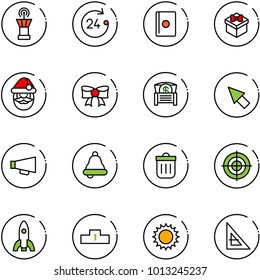 line vector icon set - airport tower vector, 24 hours, passport, gift, santa claus, bow, money chest, cursor, loudspeaker, bell, trash bin, target, rocket, pedestal, sun, corner ruler