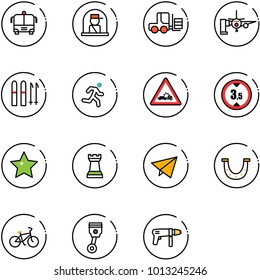 line vector icon set - airport bus vector, officer window, fork loader, boarding passengers, ski, run, car crash road sign, limited height, star, chess tower, paper fly, luck, bike, piston