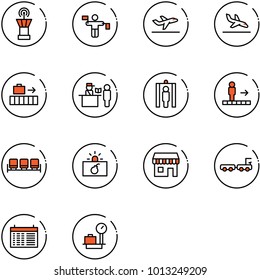 line vector icon set - airport tower vector, traffic controller, departure, arrival, baggage, passport control, metal detector gate, travolator, waiting area, terrorism, duty free, truck, schedule