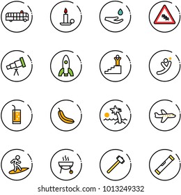 line vector icon set - airport bus vector, candle, drop hand, multi lane traffic road sign, telescope, rocket, success, flying man, drink, banana, palm, plane, surfing, grill, sledgehammer, level