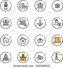 line vector icon set - airport tower vector, hospital building, bank, account, home, doors, sand fort, lighthouse