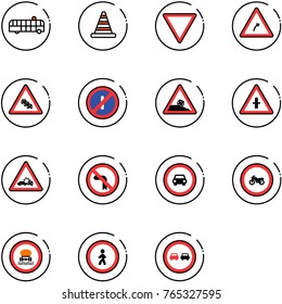 line vector icon set - airport bus vector, road cone, giving way sign, turn right, multi lane traffic, no parkin odd, steep roadside, intersection, car crash, left, moto, dangerous cargo, pedestrian