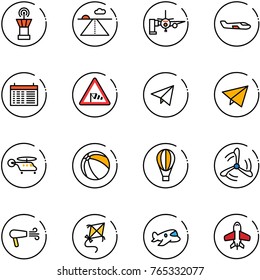 line vector icon set - airport tower vector, runway, boarding passengers, small plane, schedule, side wind road sign, paper fly, helicopter, ball, air balloon, mill, dryer, kite, toy
