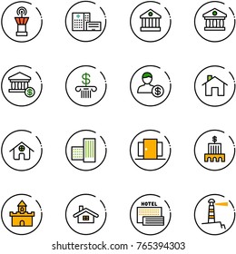 line vector icon set - airport tower vector, hospital building, bank, account, home, doors, sand fort, sea hotel, lighthouse