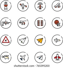 line vector icon set - airport tower vector, traffic controller, plane radar, trap truck, boarding passengers, helicopter, seats, globe, road sign, paper, fly, toy
