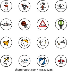 line vector icon set - airport tower vector, traffic controller, plane radar, departure, globe, side wind road sign, air balloon, paper fly, ball, protect glass, dryer, kite, toy, beach