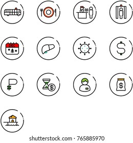 line vector icon set - airport bus vector, plate spoon fork, passport control, metal detector gate, christmas calendar, liver, virus, dollar sign, ruble, account history, manager, money bag