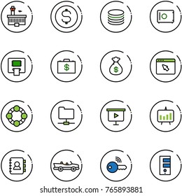 line vector icon set - airport building vector, dollar coin, safe, atm, money case, bag, cursor browser, friends, network folder, presentation board, chart, contact book, cabrio, wireless key