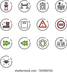 line vector icon set - airport tower vector, vip zone, metal detector gate, building, floor scales, traffic light road sign, customs, fast forward, backward, gear globe, joystick wireless
