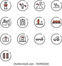 line vector icon set - airport tower vector, traffic controller, runway, arrival, passport control, metal detector gate, travolator, waiting area, terrorism, officer window, baggage truck, trap