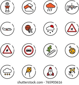 line vector icon set - airport tower vector, clouds, storm, boarding passengers, small plane, globe, snowfall, road sign, abrupt turn right, no bus, career, moon flag, rain cloud, kite, rocket