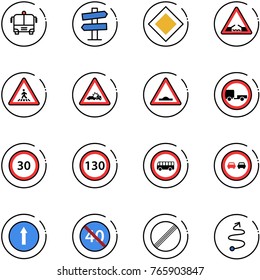 line vector icon set - airport bus vector, road signpost sign, main, drawbridge, pedestrian, car crash, artificial unevenness, no trailer, speed limit 30, 130, overtake, only forward, end minimal