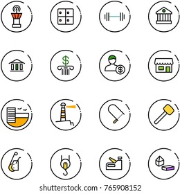 line vector icon set - airport tower vector, baggage room, barbell, bank, account, store, hotel, lighthouse, fretsaw, rubber hammer, winch, stapler, constructor blocks