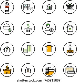 line vector icon set - airport tower vector, hospital building, bank, account, home, doors, sand fort, hotel, sea